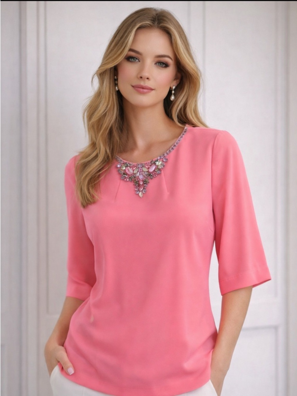 Ted Baker Pink Blouse with Embellished Neckline